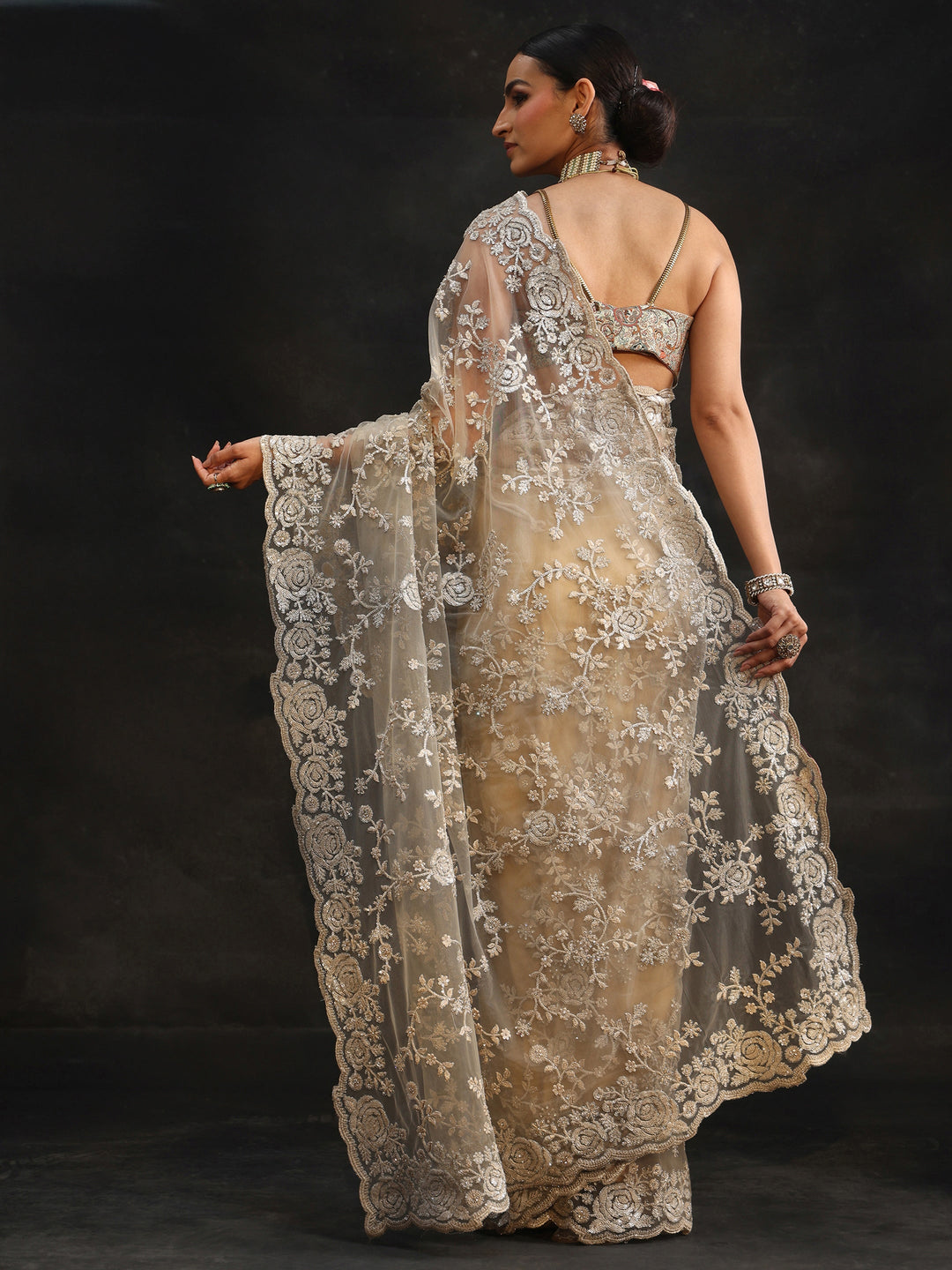 Libas Art Taupe Grey Sequin Embellished Floral Net Saree