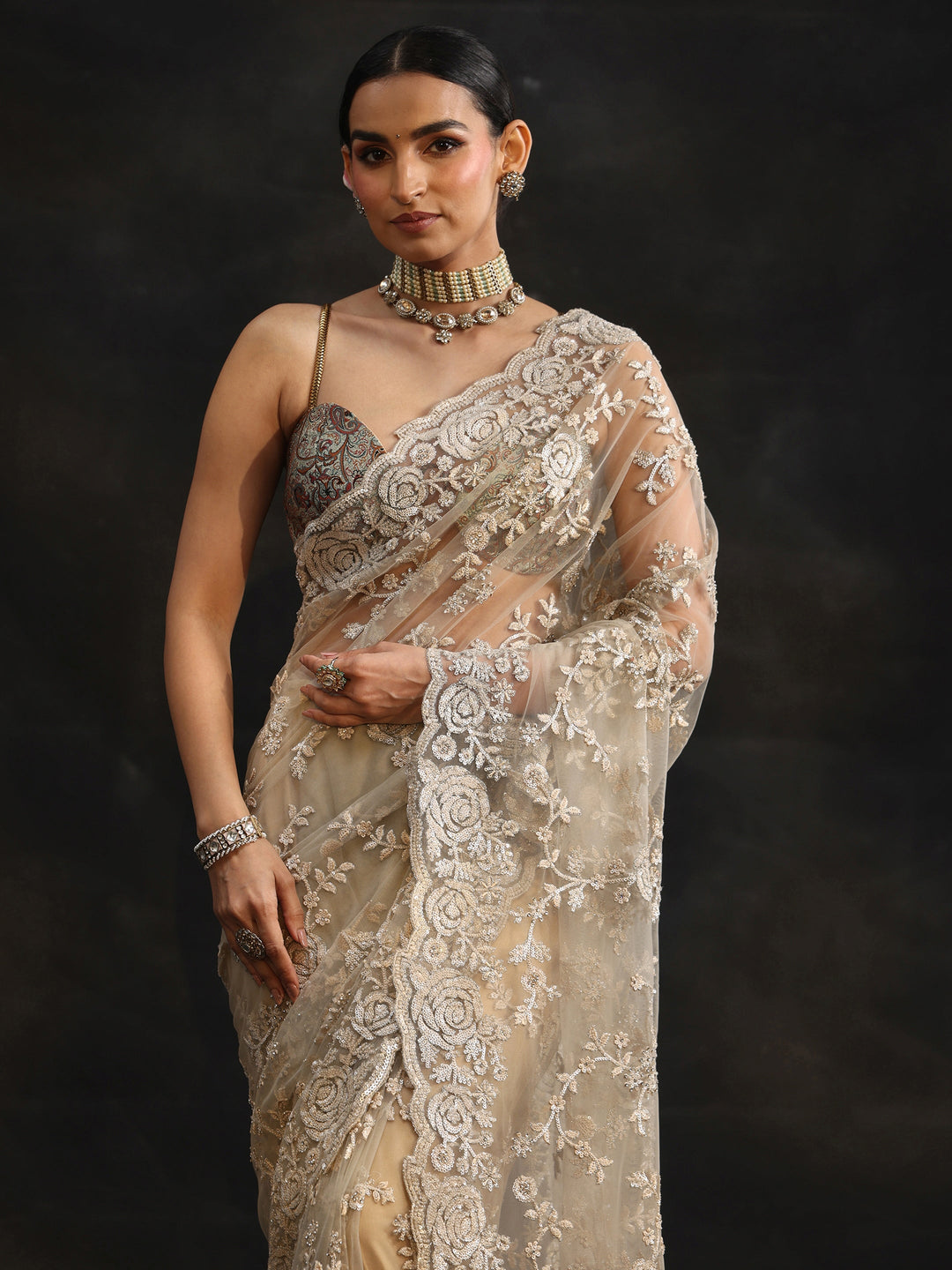 Libas Art Taupe Grey Sequin Embellished Floral Net Saree