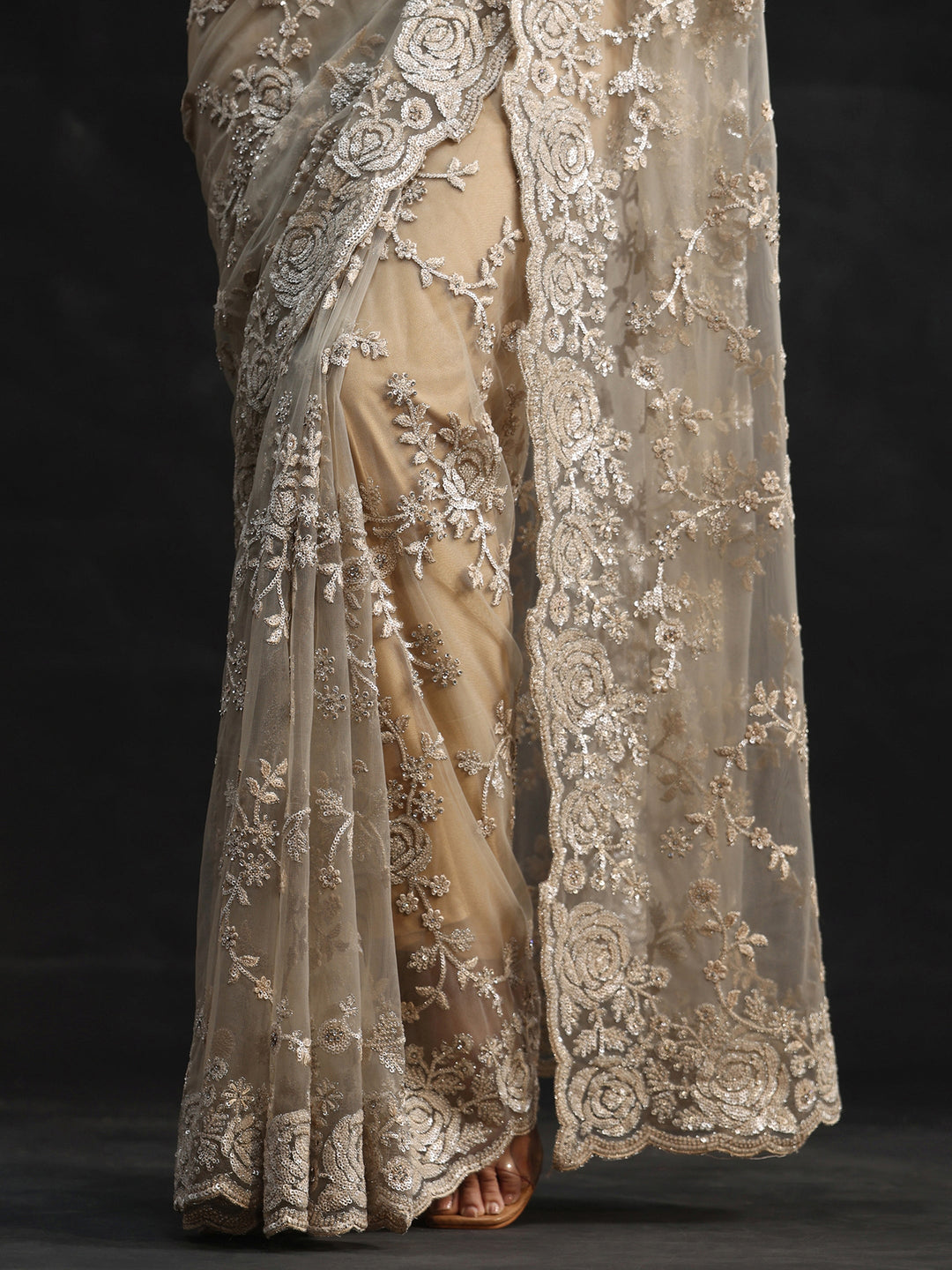 Libas Art Taupe Grey Sequin Embellished Floral Net Saree