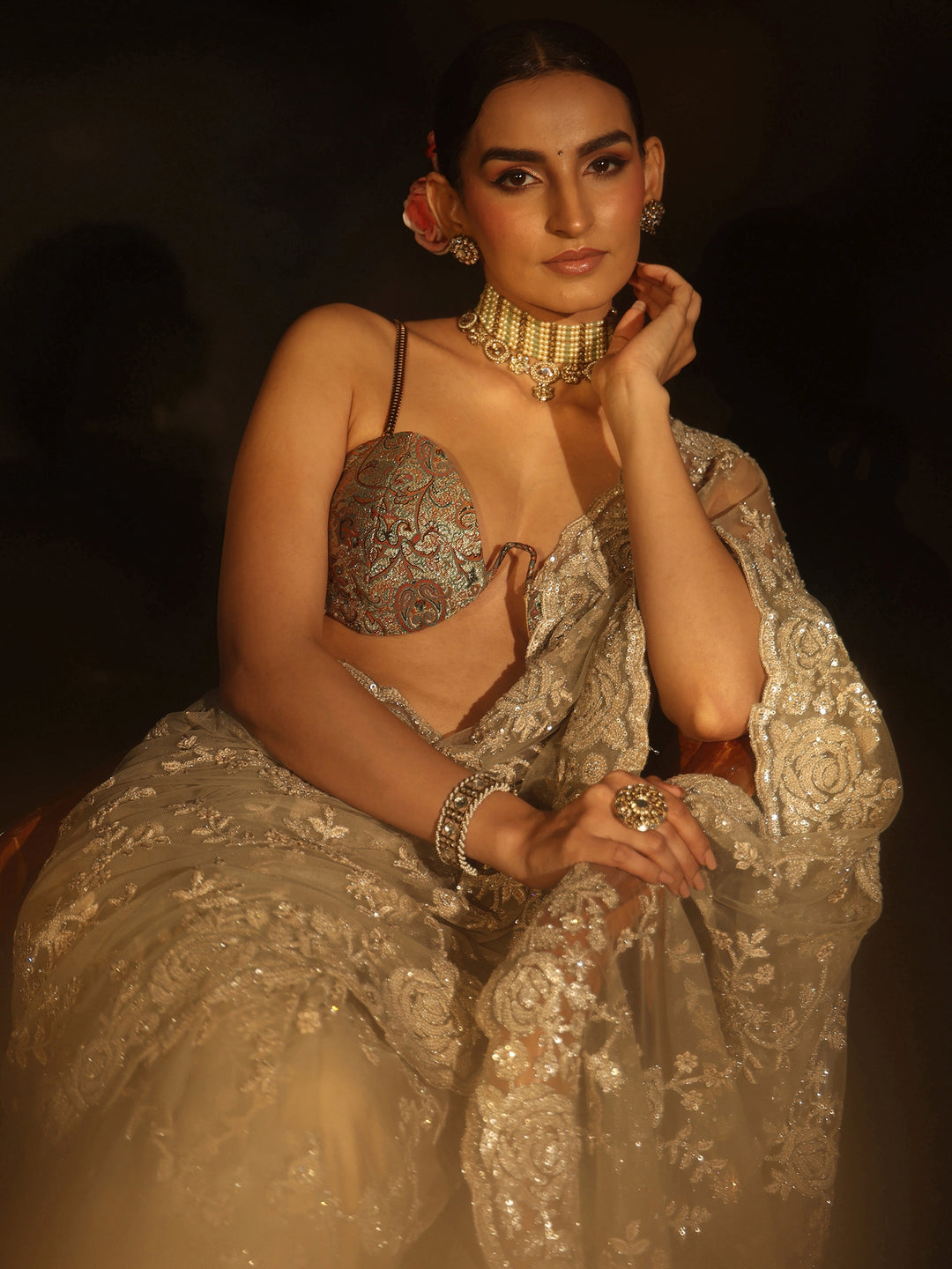 Libas Art Taupe Grey Sequin Embellished Floral Net Saree