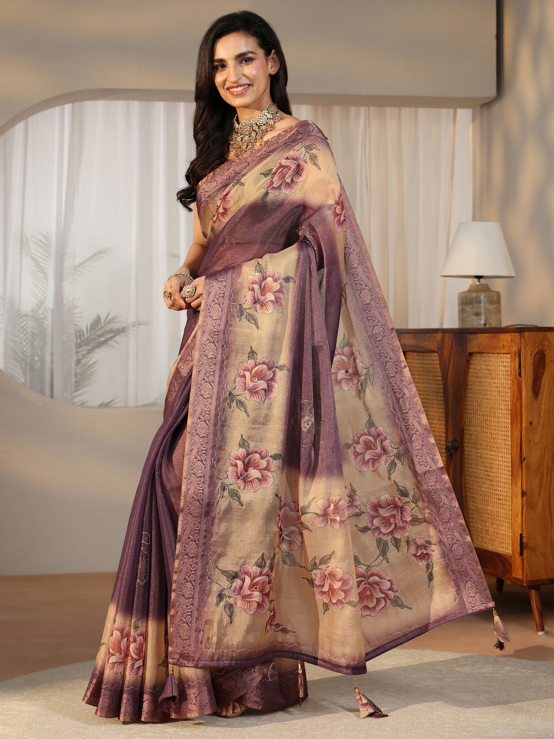 Libas Purple Floral Printed Silk Blend Ombre Saree with Woven Border