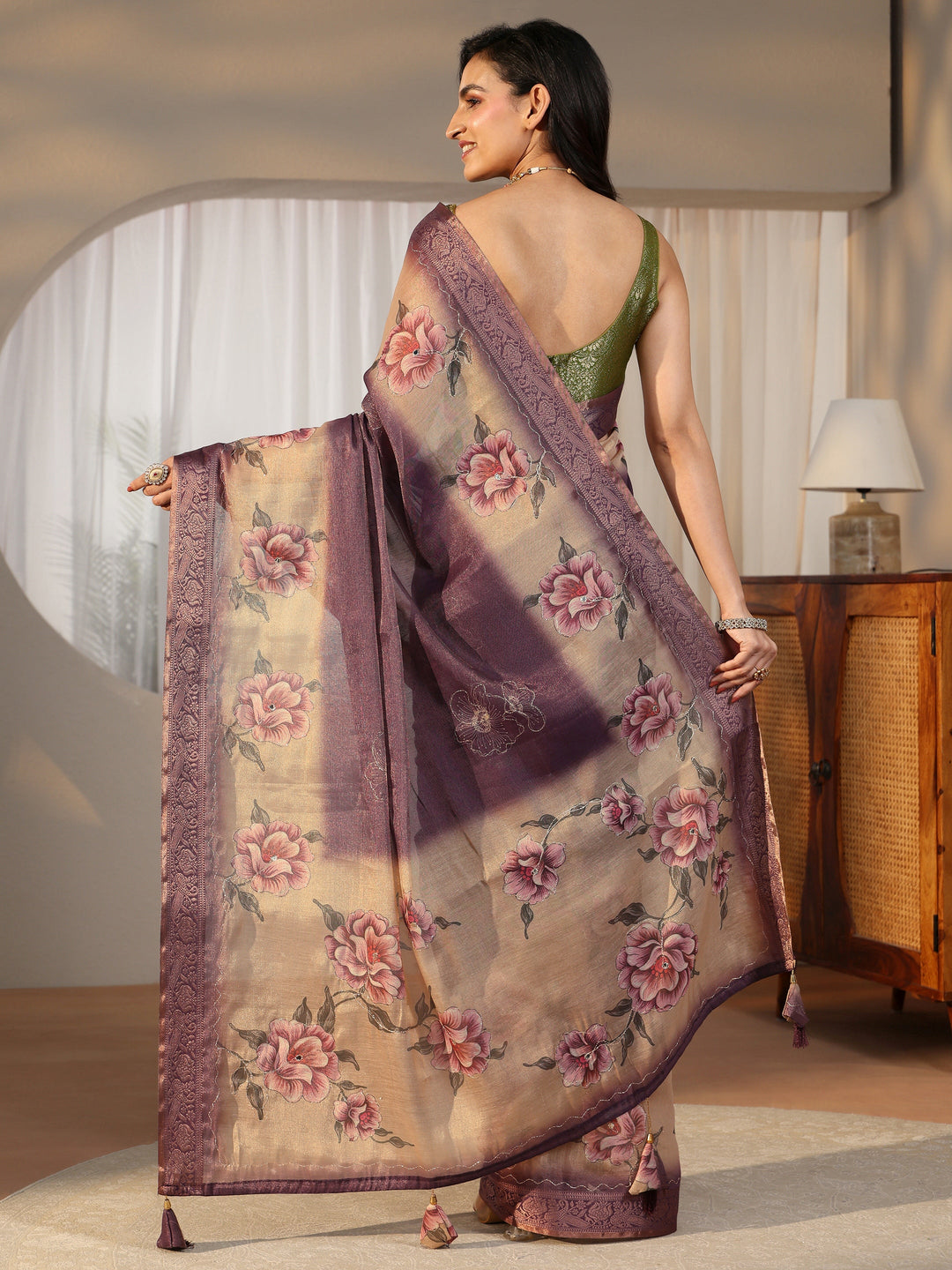 Libas Purple Floral Printed Silk Blend Ombre Saree with Woven Border