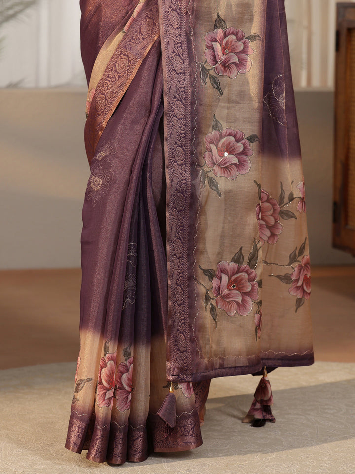 Libas Purple Floral Printed Silk Blend Ombre Saree with Woven Border