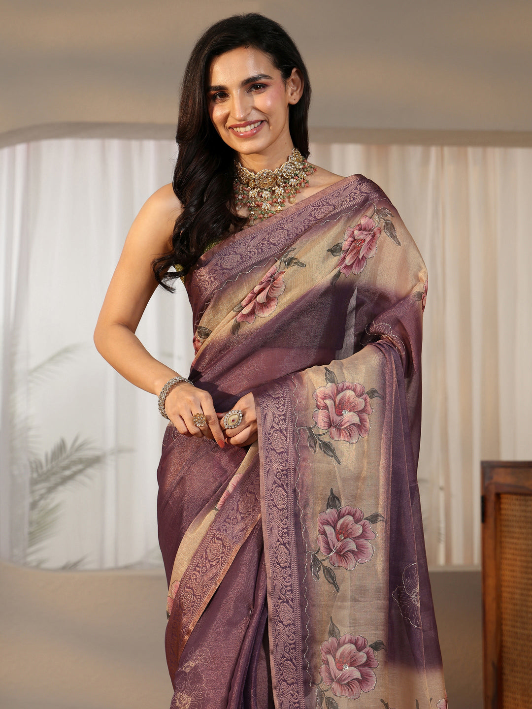 Libas Purple Floral Printed Silk Blend Ombre Saree with Woven Border