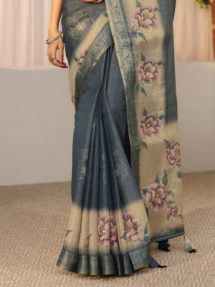 Libas Dusty Blue Floral Printed Silk Blend Ombre Saree with Woven Border