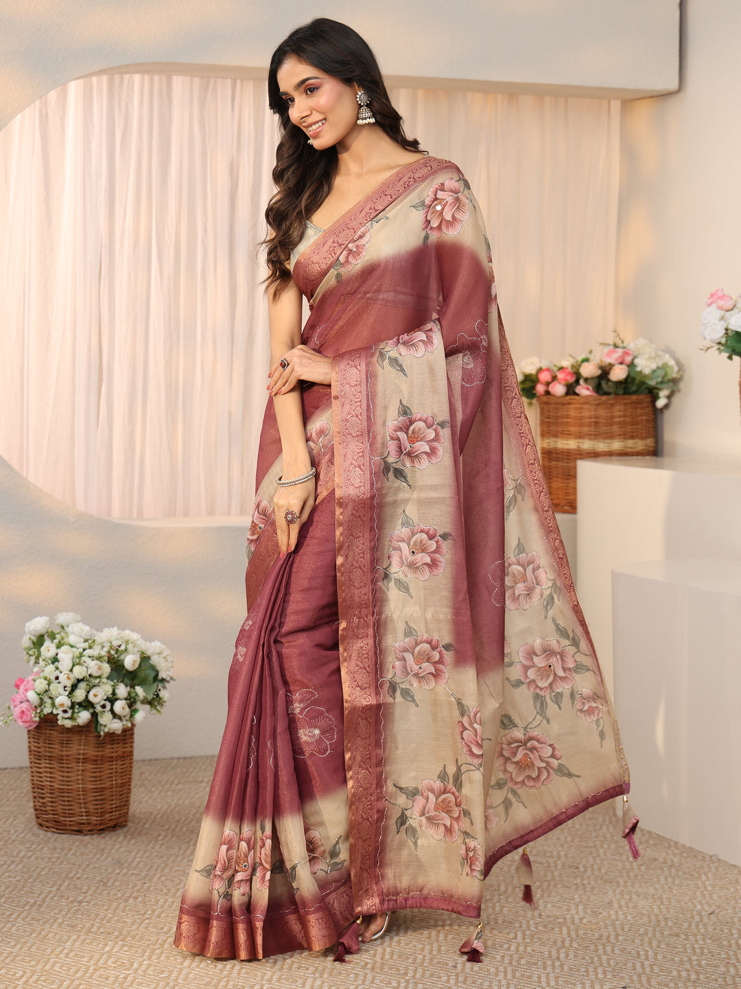 Libas Mauve Floral Printed Silk Blend Ombre Saree with Woven Border