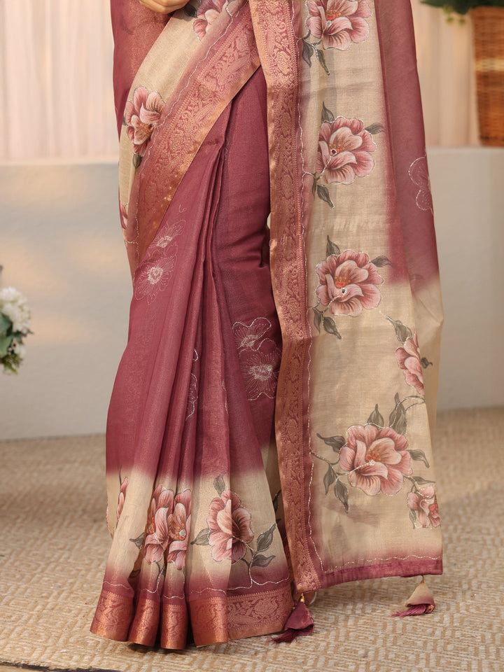Libas Mauve Floral Printed Silk Blend Ombre Saree with Woven Border
