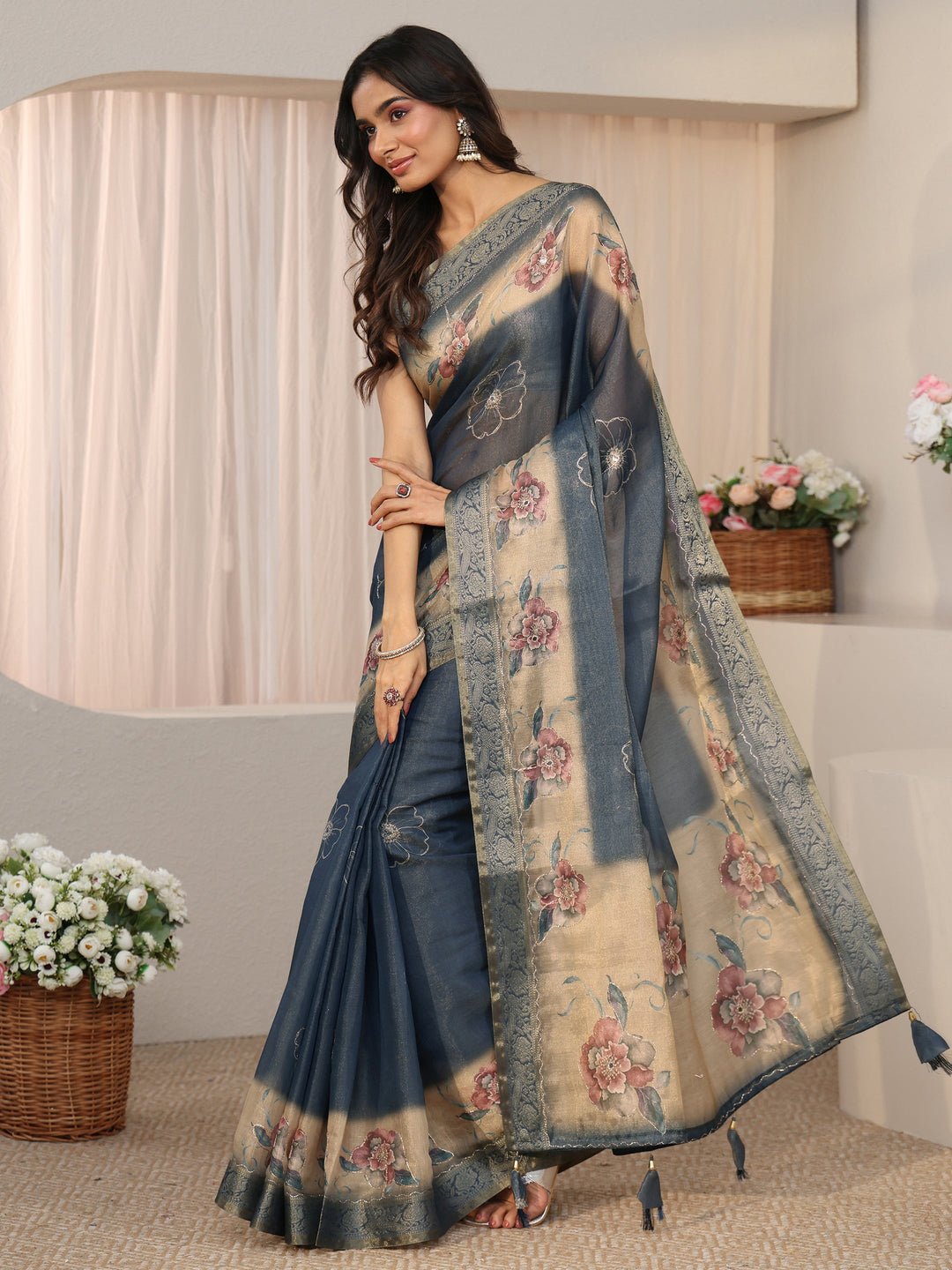 Libas Dusty Blue Floral Printed Silk Blend Ombre Saree with Woven Border
