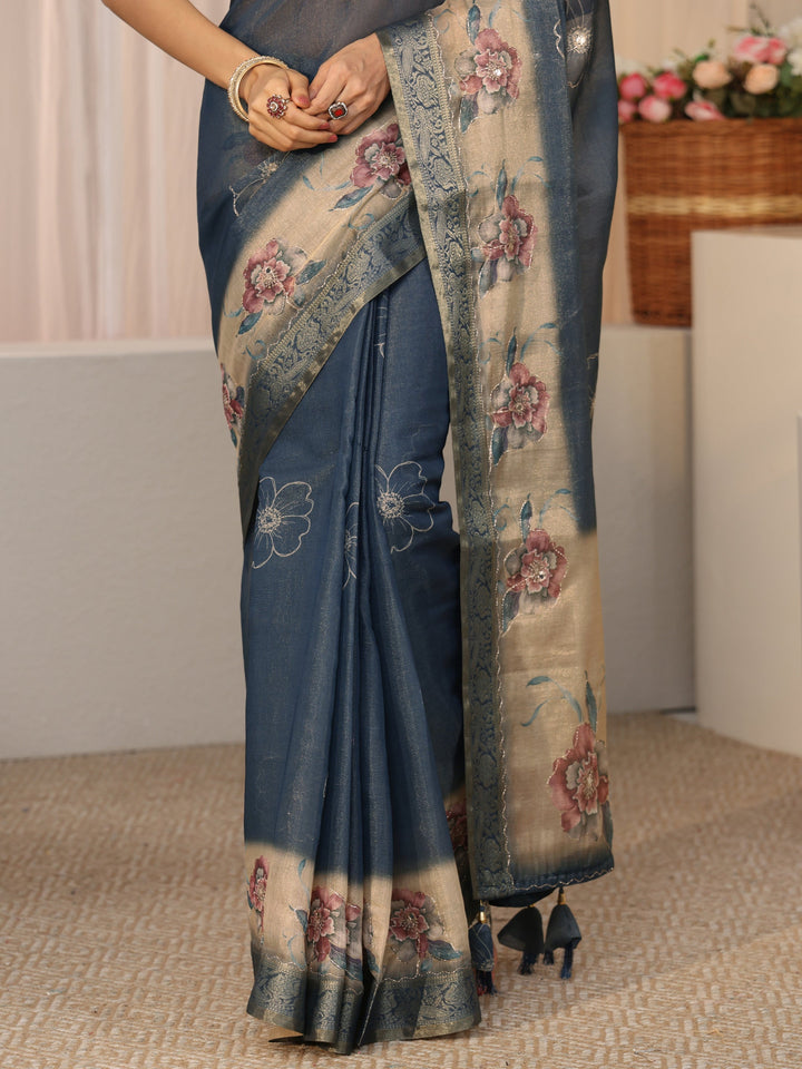 Libas Dusty Blue Floral Printed Silk Blend Ombre Saree with Woven Border