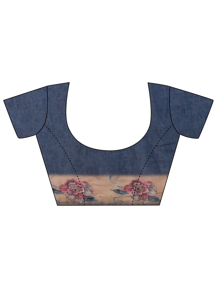 Libas Dusty Blue Floral Printed Silk Blend Ombre Saree with Woven Border