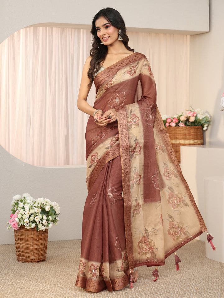 Libas Brown Floral Printed Ombre Silk Blend Saree