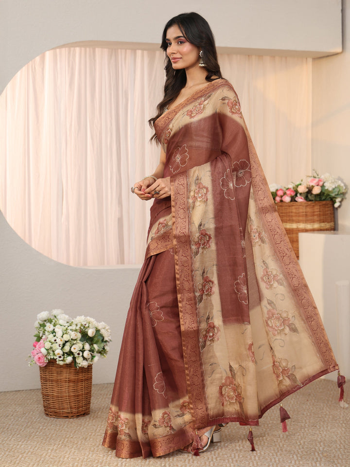 Libas Brown Floral Printed Ombre Silk Blend Saree