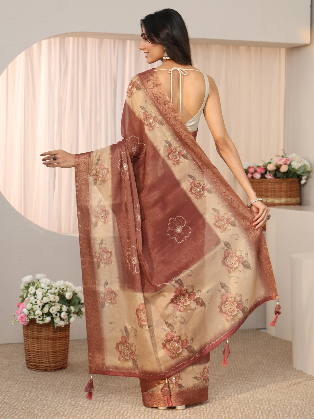 Libas Brown Floral Printed Ombre Silk Blend Saree