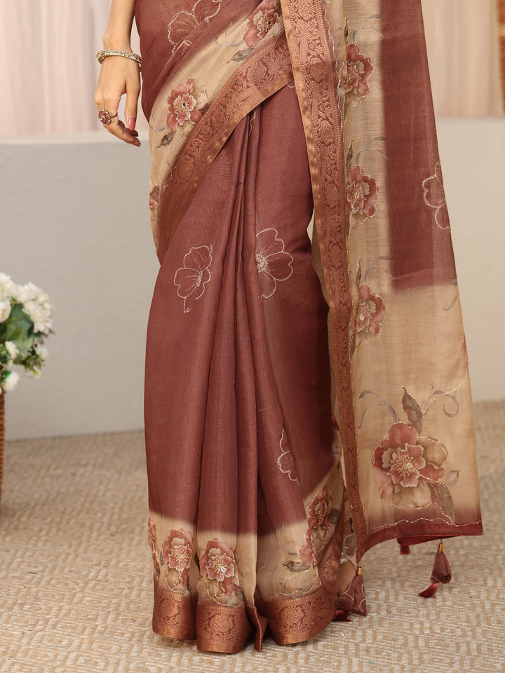 Libas Brown Floral Printed Ombre Silk Blend Saree