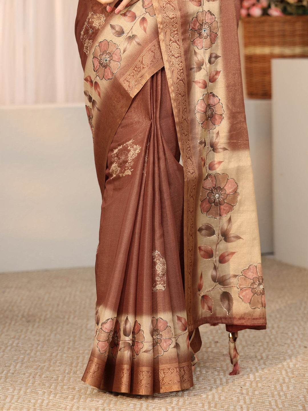 Libas Brown Floral Printed Ombre Silk Blend Saree