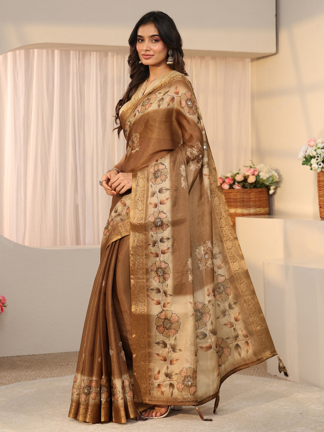 Libas Brown Floral Printed Silk Blend Ombre Saree with Woven Border