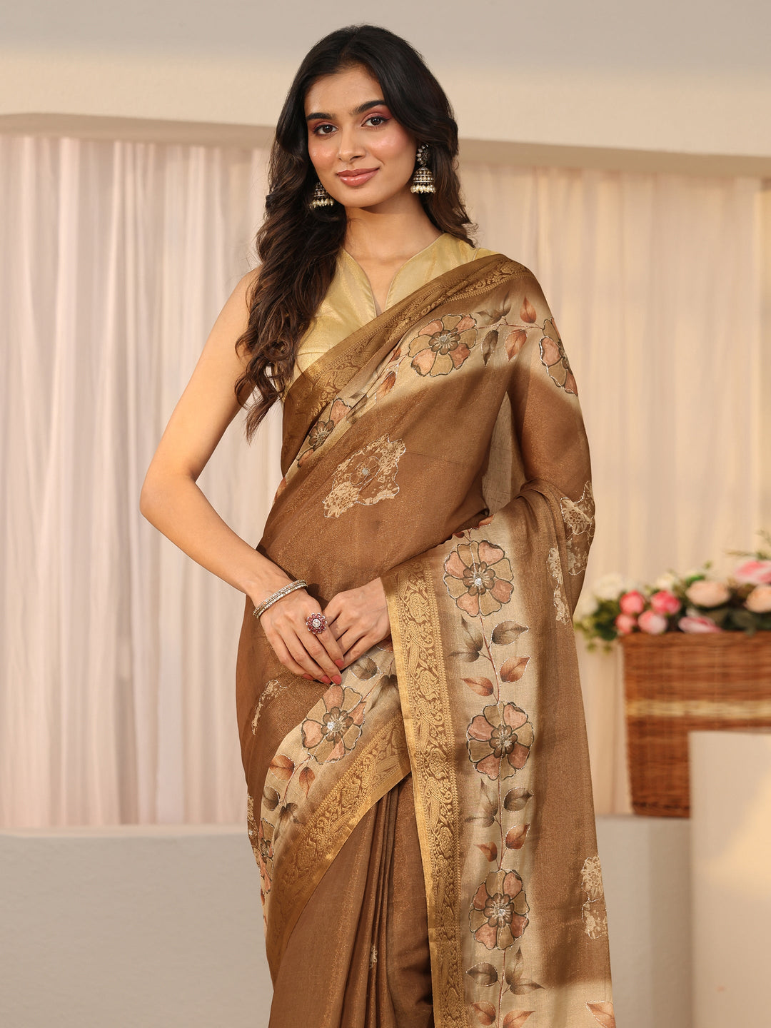 Libas Brown Floral Printed Silk Blend Ombre Saree with Woven Border