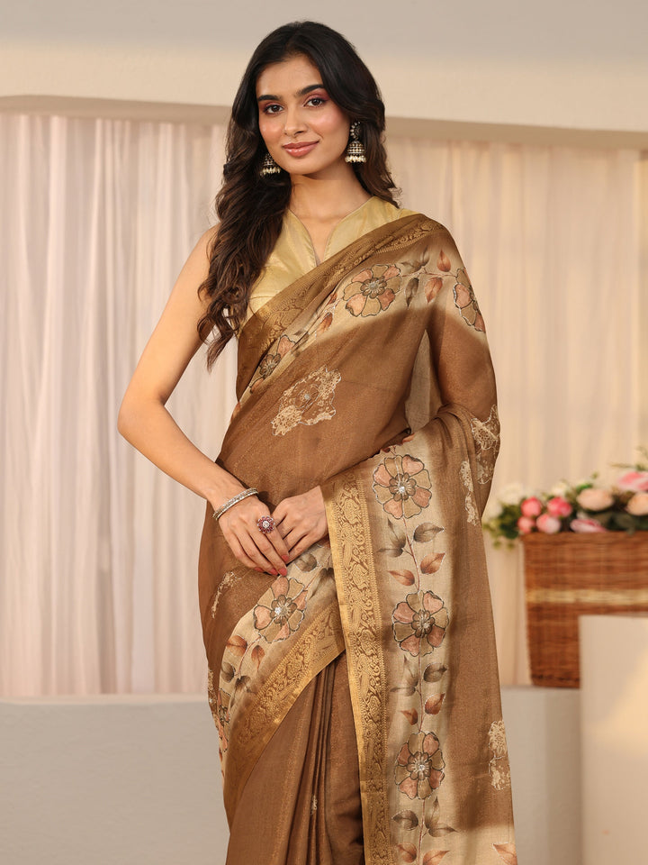 Libas Brown Floral Printed Silk Blend Ombre Saree with Woven Border