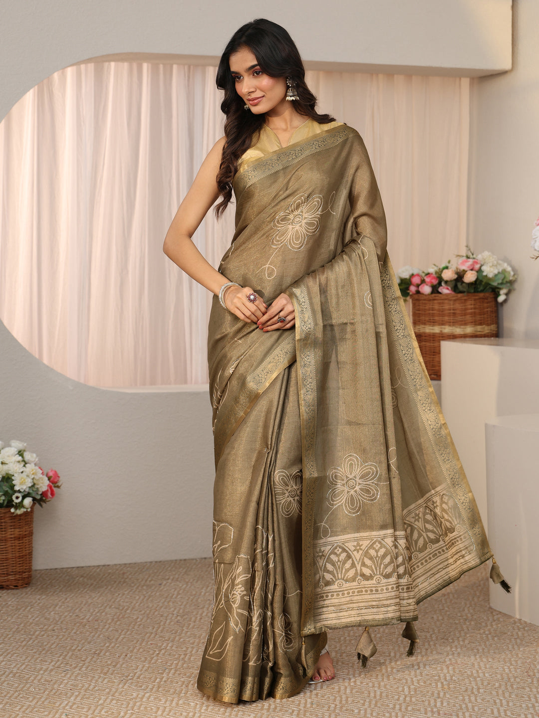 Libas Dusty Sage Green Floral Printed Silk Blend Saree with Woven Border