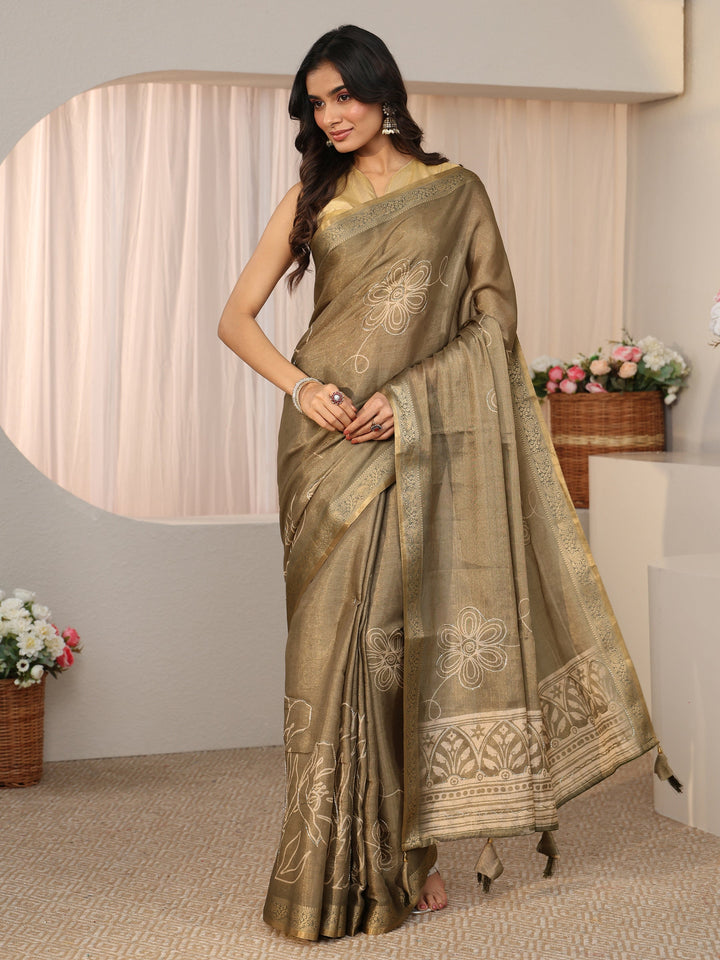 Libas Dusty Sage Green Floral Printed Silk Blend Saree with Woven Border