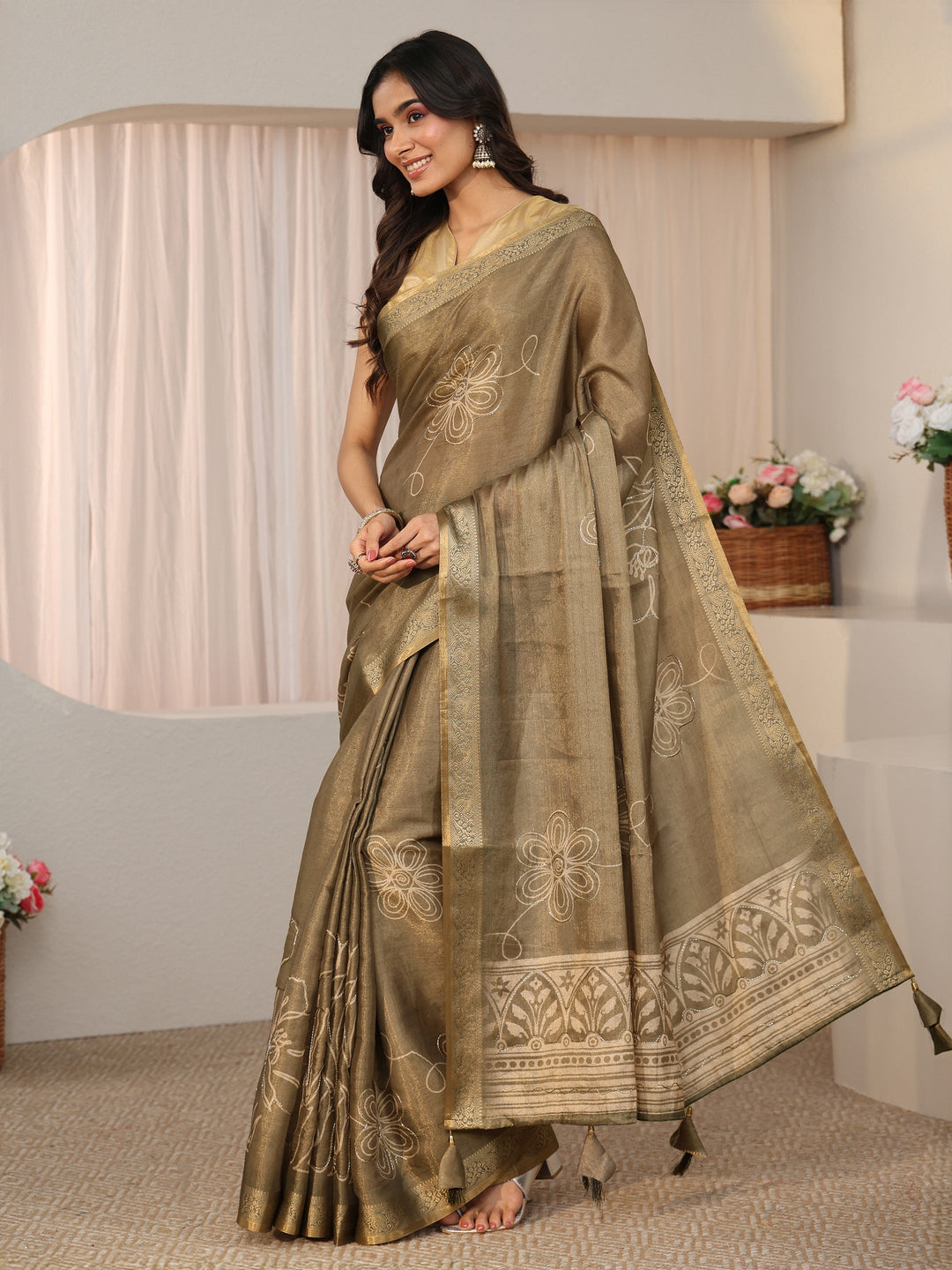 Libas Dusty Sage Green Floral Printed Silk Blend Saree with Woven Border