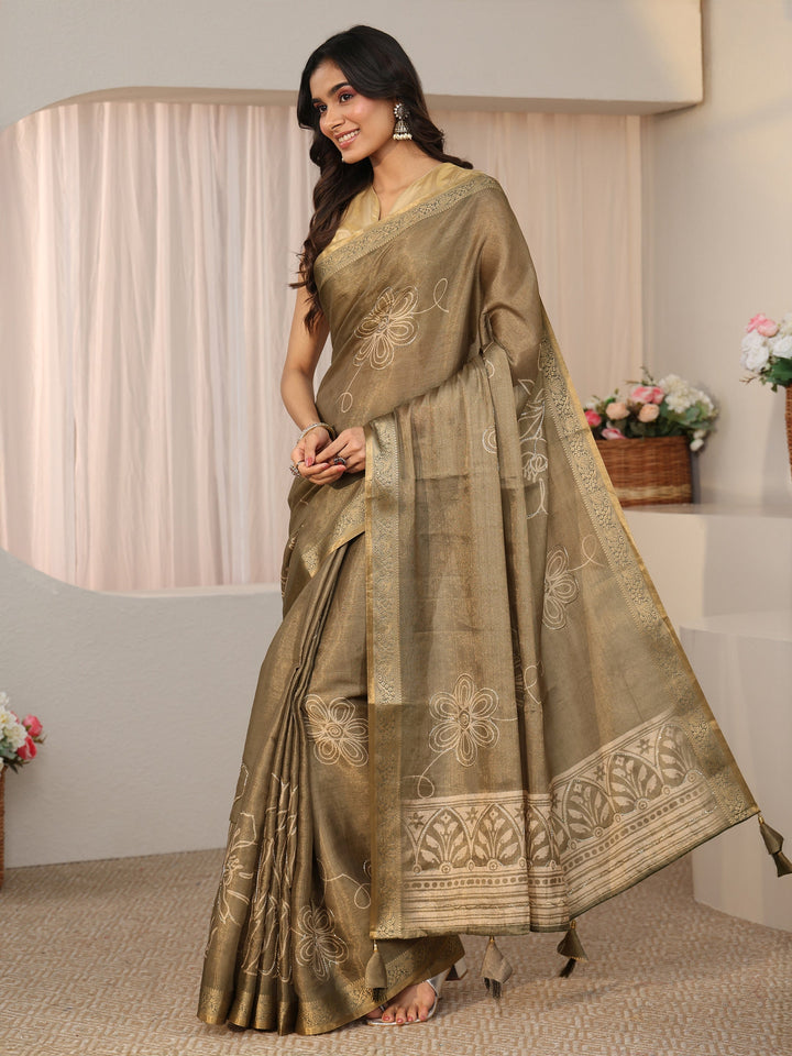 Libas Dusty Sage Green Floral Printed Silk Blend Saree with Woven Border