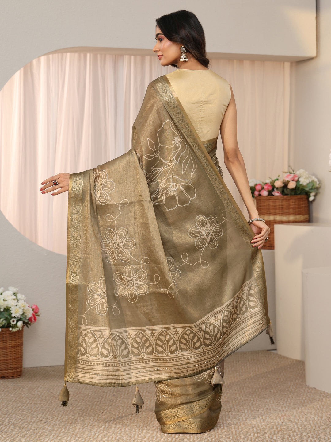 Libas Dusty Sage Green Floral Printed Silk Blend Saree with Woven Border