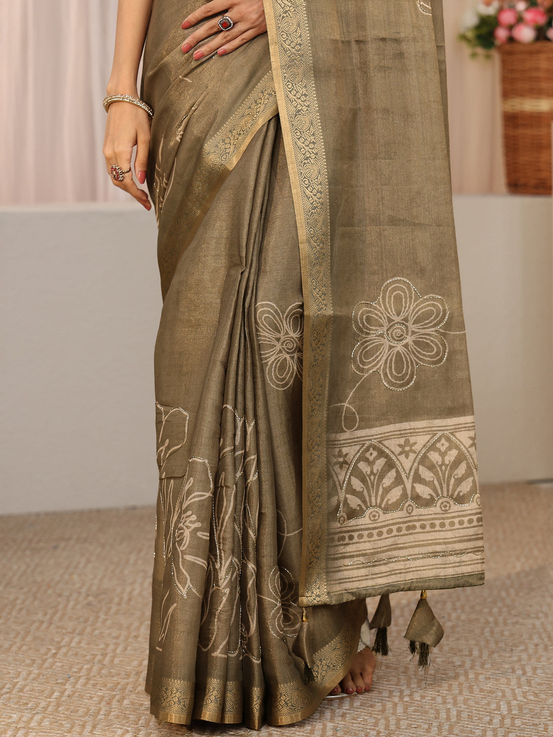 Libas Dusty Sage Green Floral Printed Silk Blend Saree with Woven Border