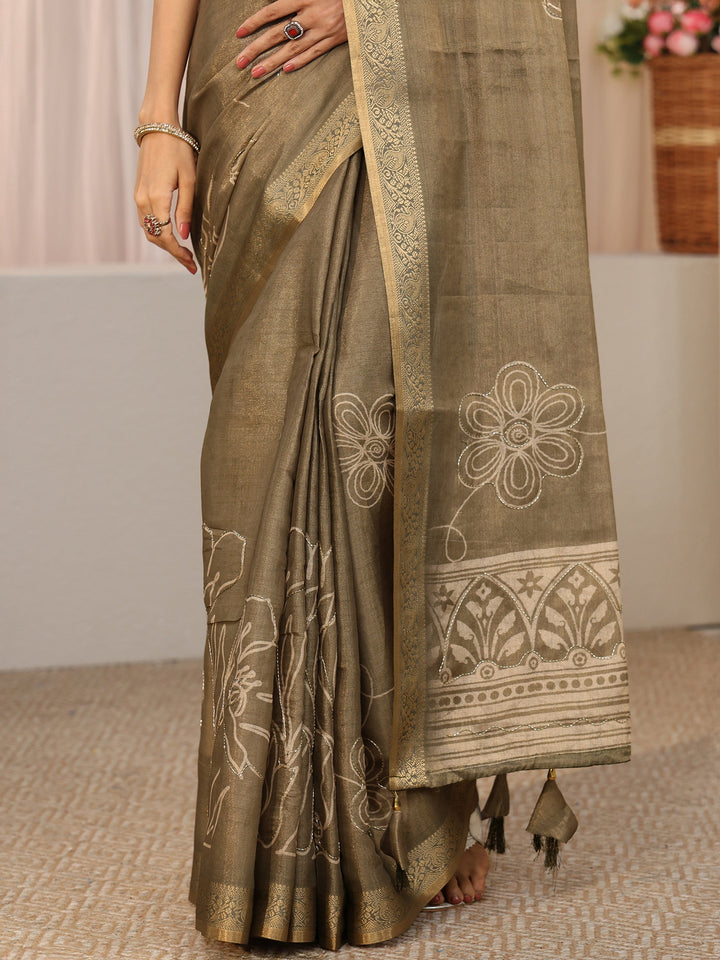 Libas Dusty Sage Green Floral Printed Silk Blend Saree with Woven Border