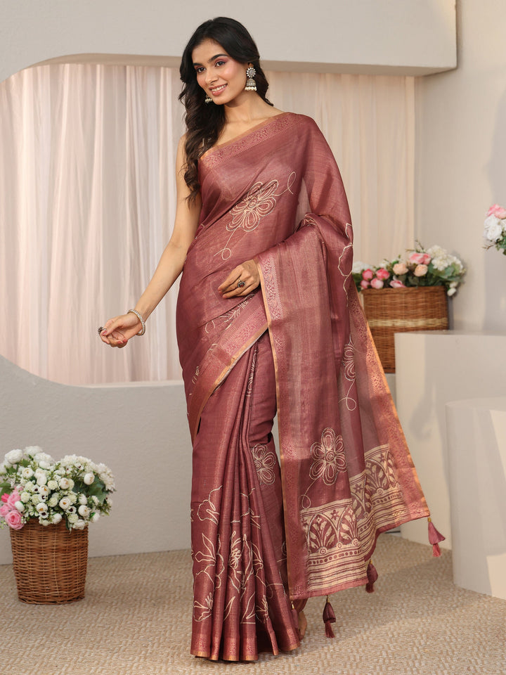 Libas Mauve Floral Printed Silk Blend Saree with Woven Border
