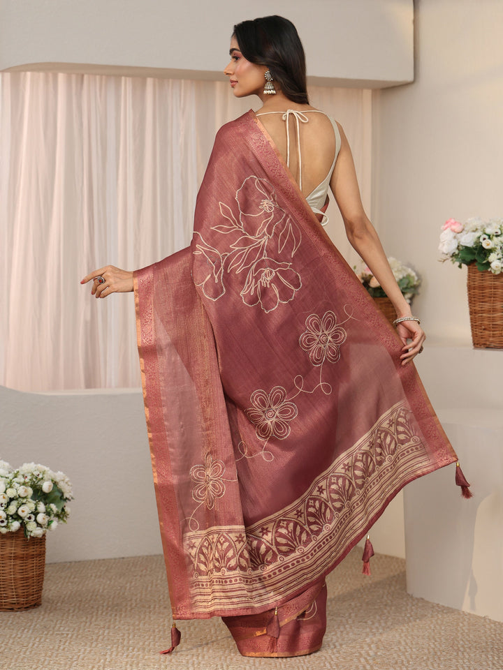 Libas Mauve Floral Printed Silk Blend Saree with Woven Border