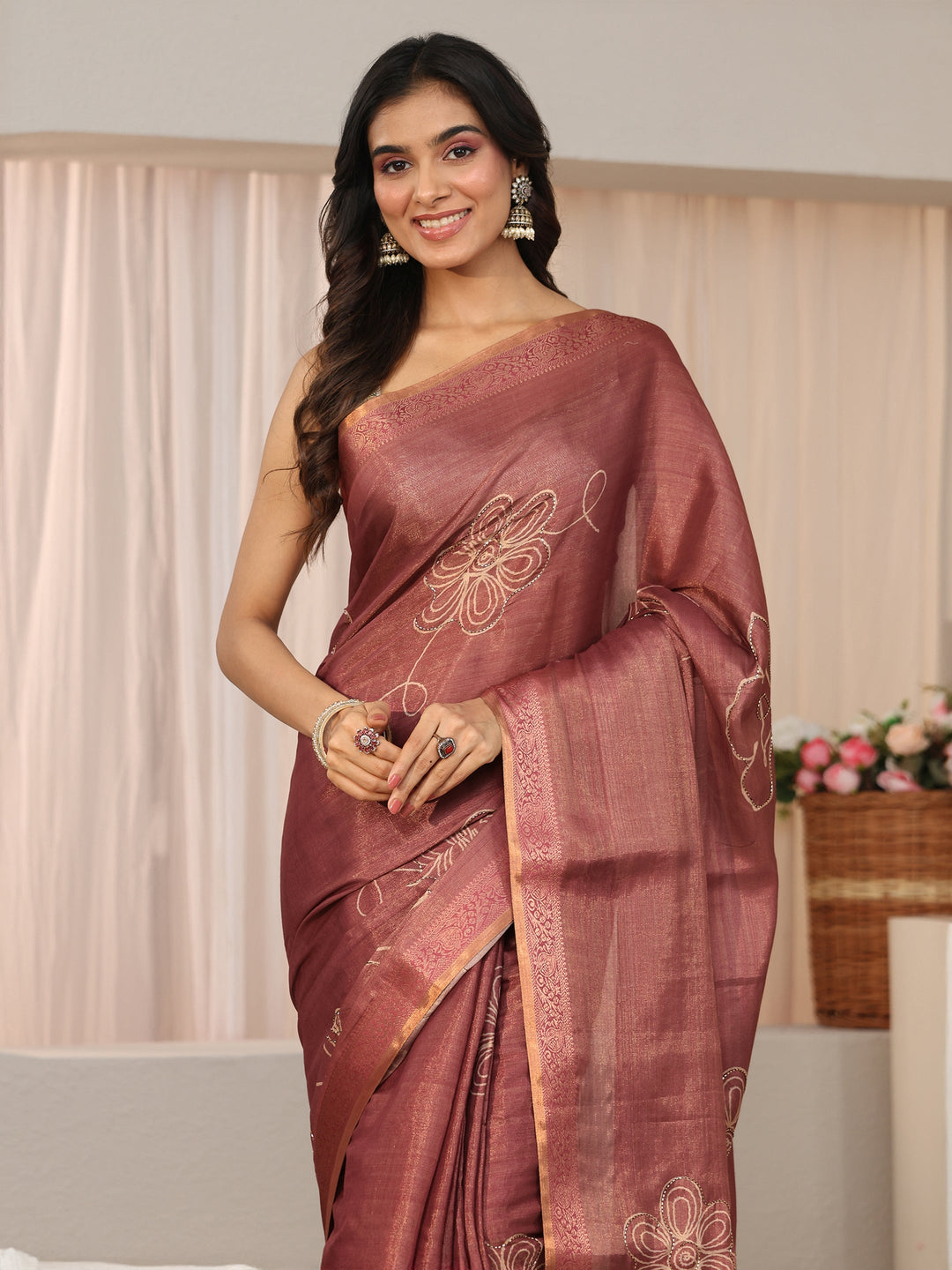 Libas Mauve Floral Printed Silk Blend Saree with Woven Border