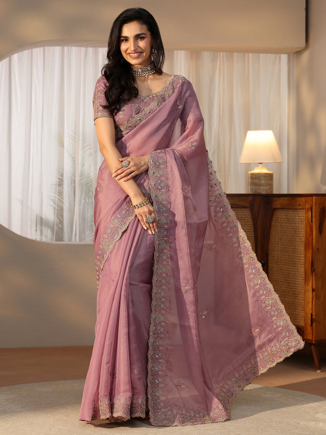 Libas Mauve Leafy Embroidered Tissue Saree