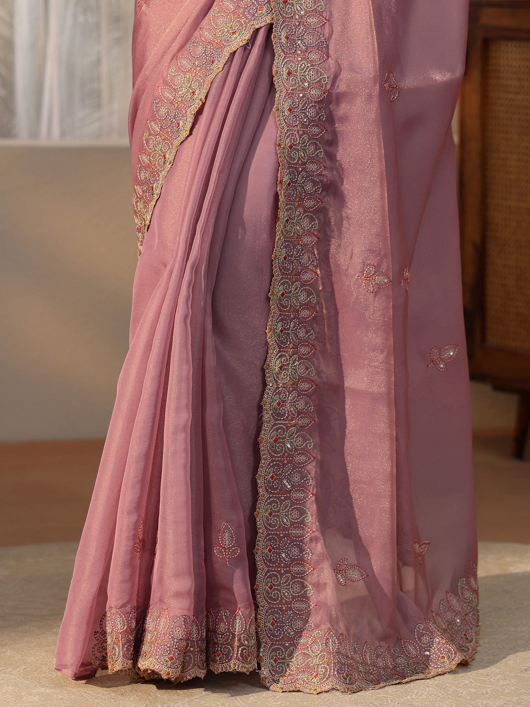 Libas Mauve Leafy Embroidered Tissue Saree