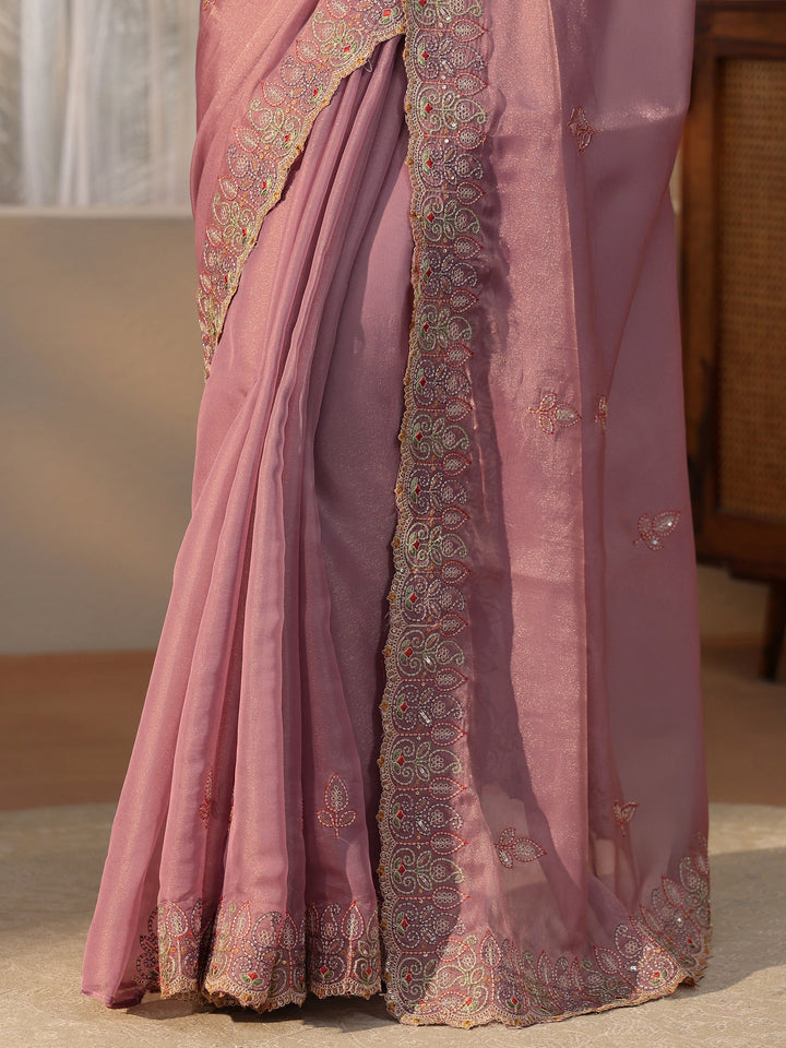 Libas Mauve Leafy Embroidered Tissue Saree