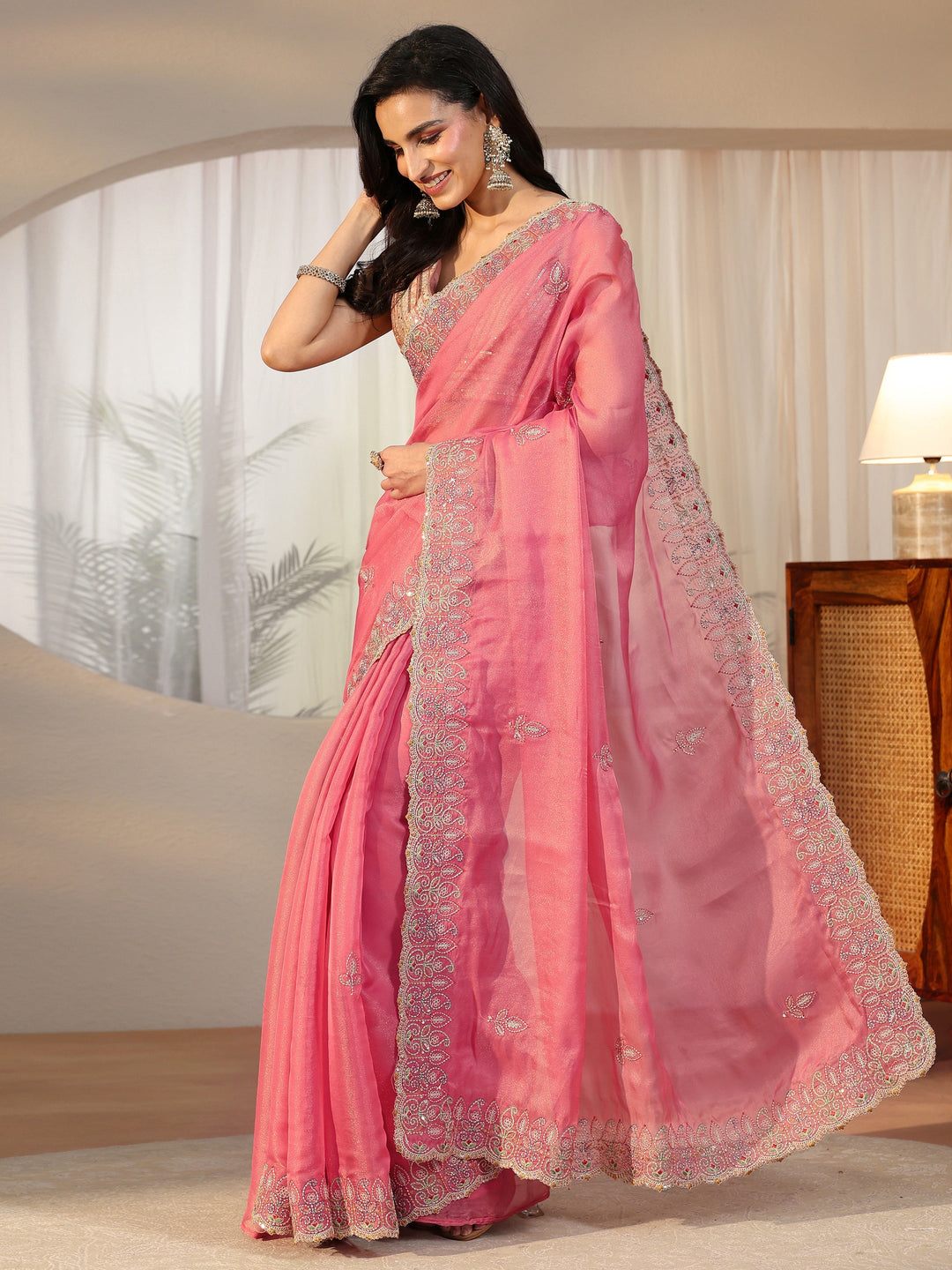 Libas Bubblegum Pink  Leafy Embroidered Tissue Saree