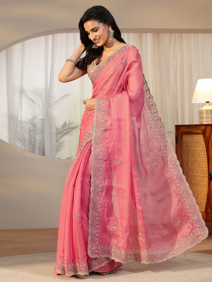 Libas Bubblegum Pink  Leafy Embroidered Tissue Saree
