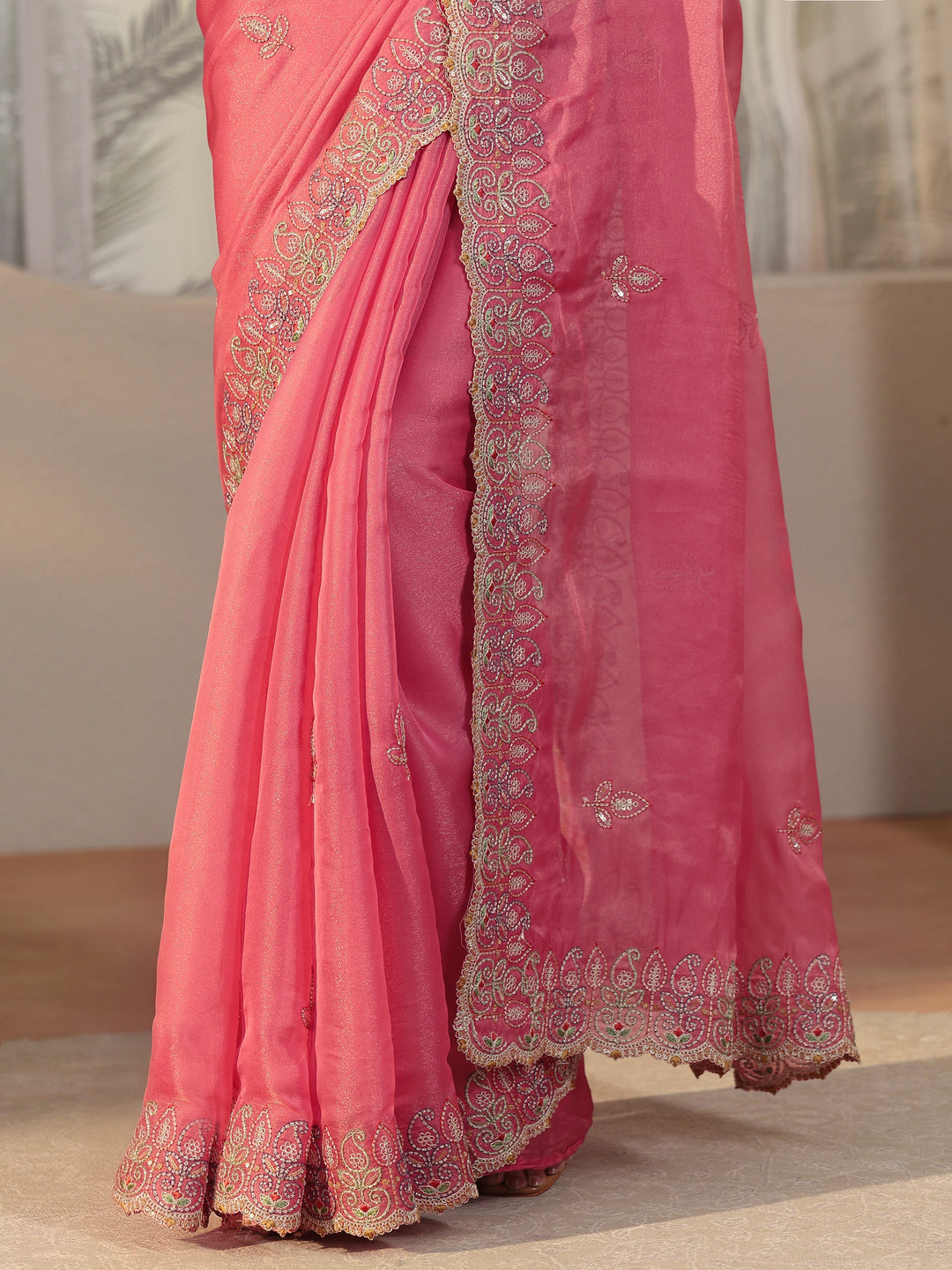 Libas Bubblegum Pink  Leafy Embroidered Tissue Saree