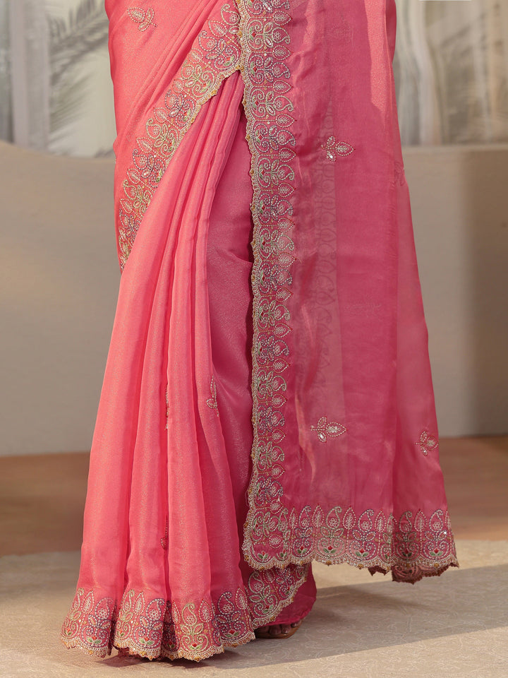 Libas Bubblegum Pink  Leafy Embroidered Tissue Saree