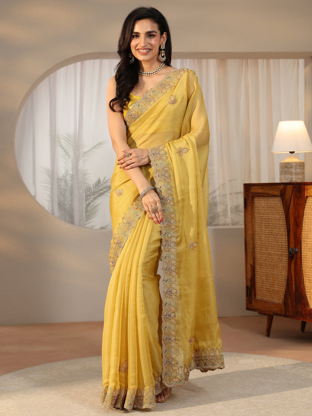 Libas Sunshine Yellow Leafy Embroidered Tissue Saree