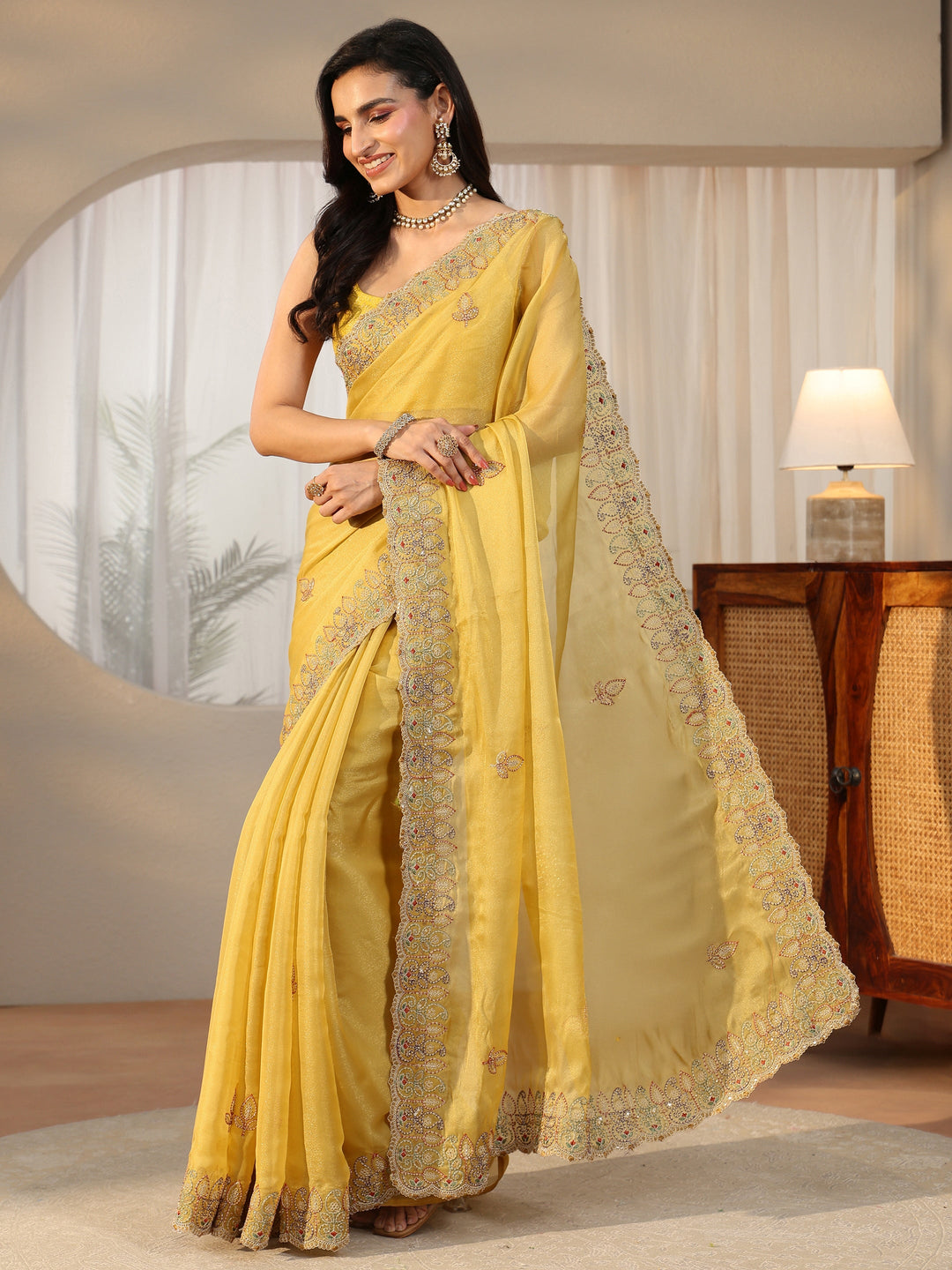 Libas Sunshine Yellow Leafy Embroidered Tissue Saree