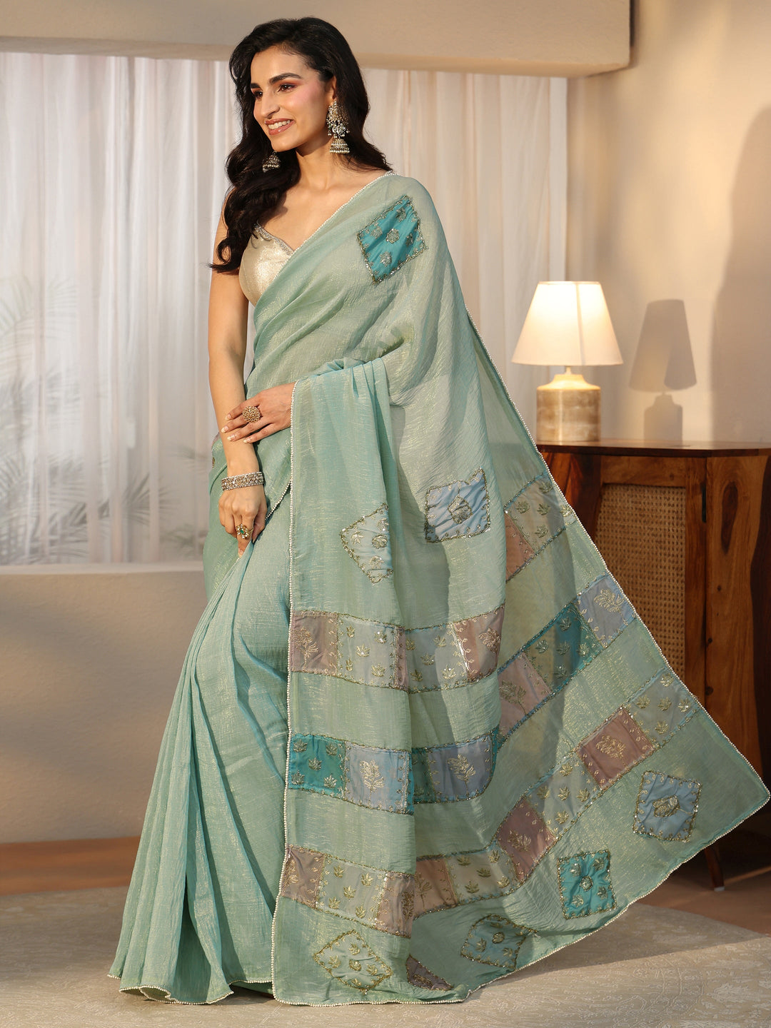 Libas Aqua Blue Applique Design Tissue Saree