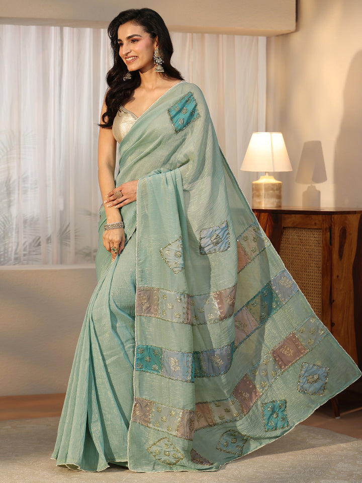 Libas Aqua Blue Applique Design Tissue Saree