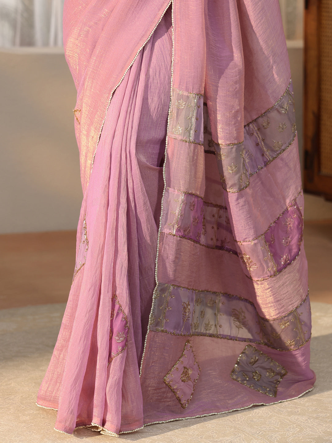 Libas Lilac Applique Design Tissue Saree