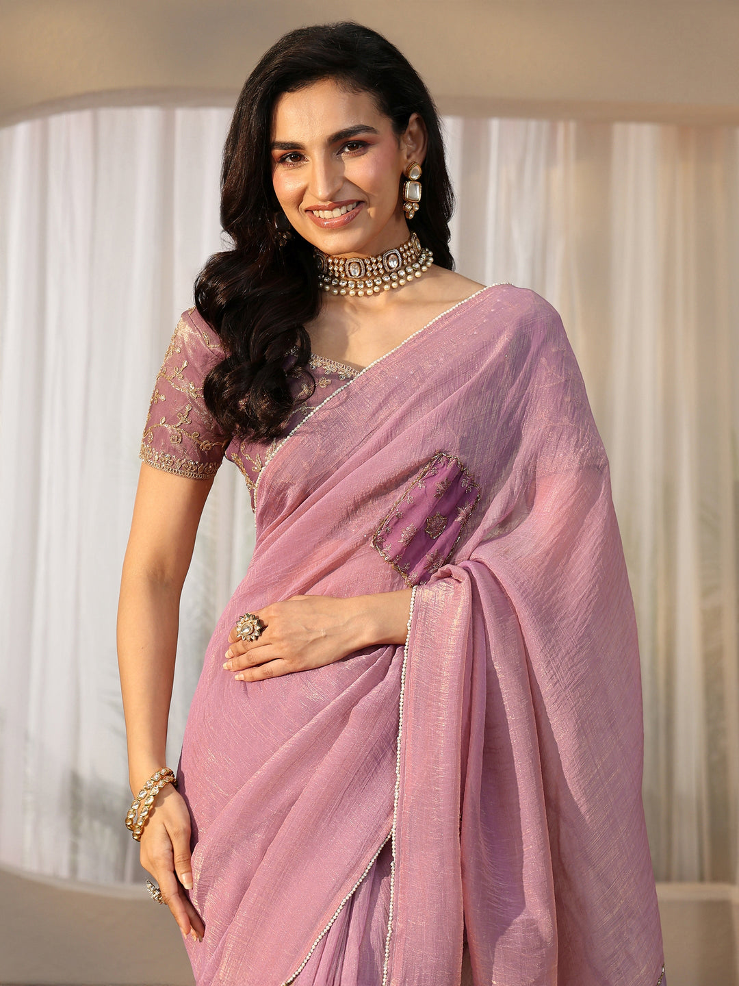 Libas Lilac Applique Design Tissue Saree