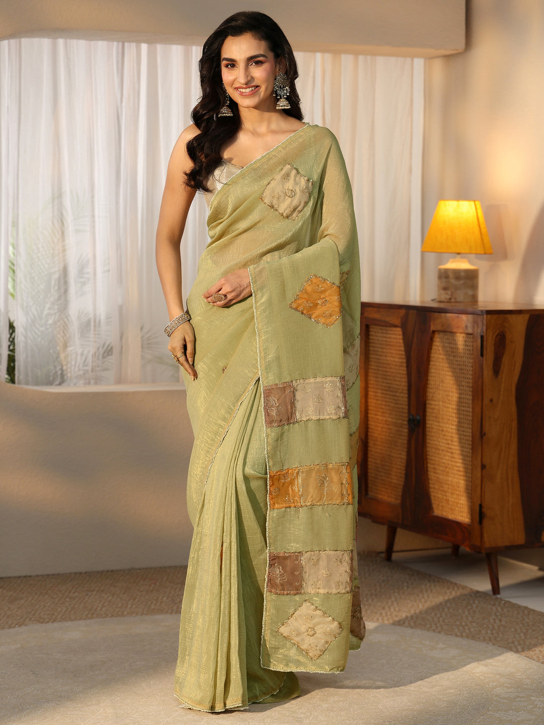 Libas Moss Green Applique Design Tissue Saree