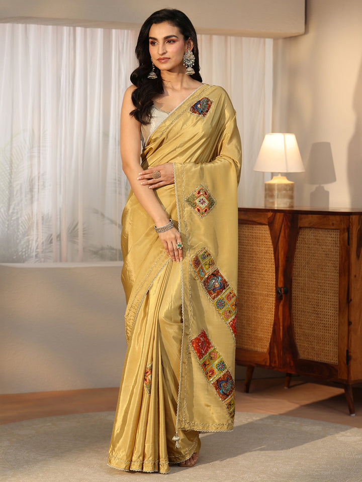 Libas Antique Yellow Satin Saree with Applique Design