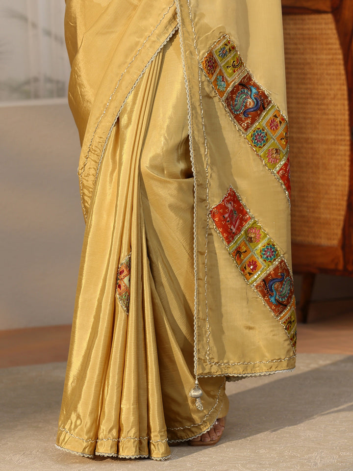 Libas Antique Yellow Satin Saree with Applique Design