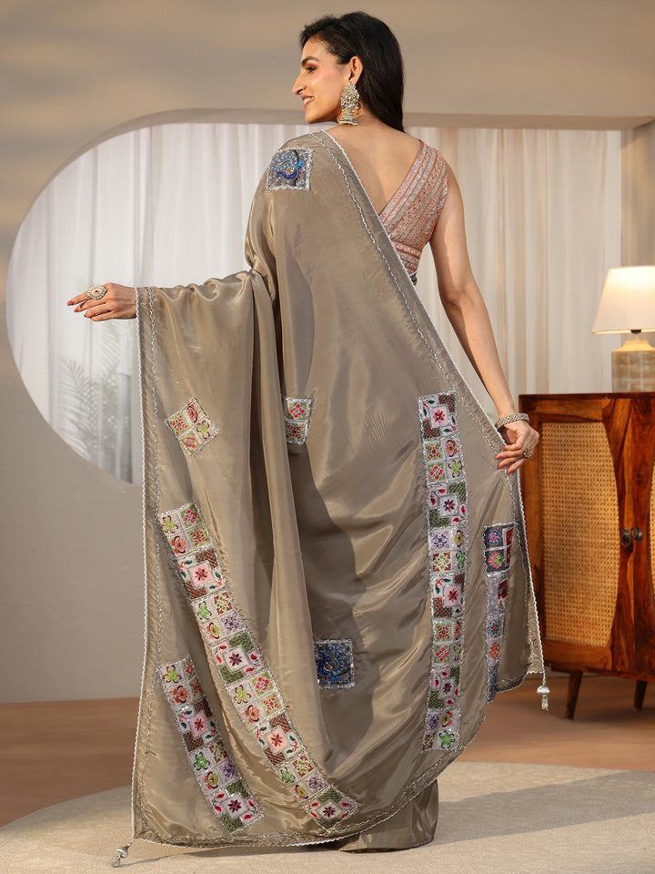 Libas Taupe Grey Satin Saree with Applique Design