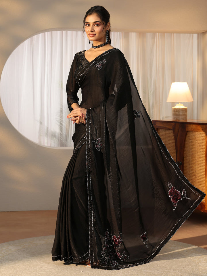 Libas Black Floral Applique Design Satin Saree